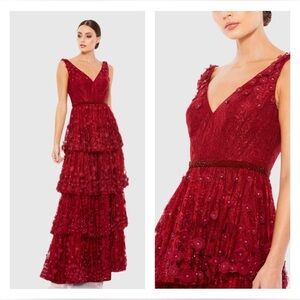 MAC DUGGAL 67710 Floral Applique Ruffled Tiered Sleeveless V Neck Gown